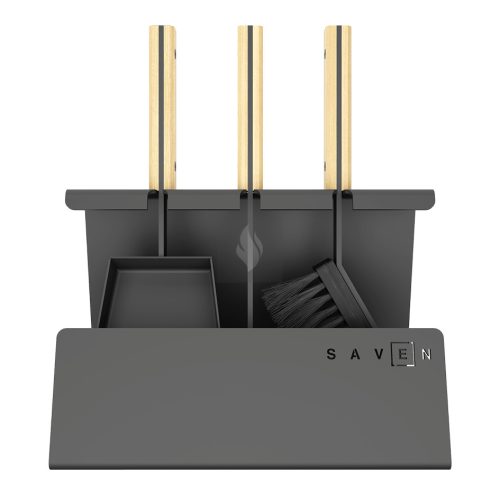 SAVEN Set 2 W – Széles talpú acél kandallótisztító készlet világos fa fogantyúval
