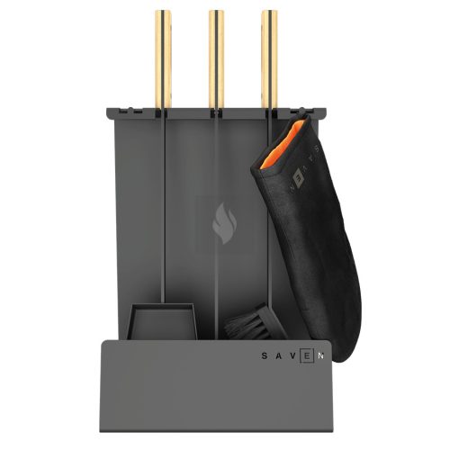 SAVEN Set 4 W – Masszív, széles acél kandallótisztító készlet világos fa fogantyúval
